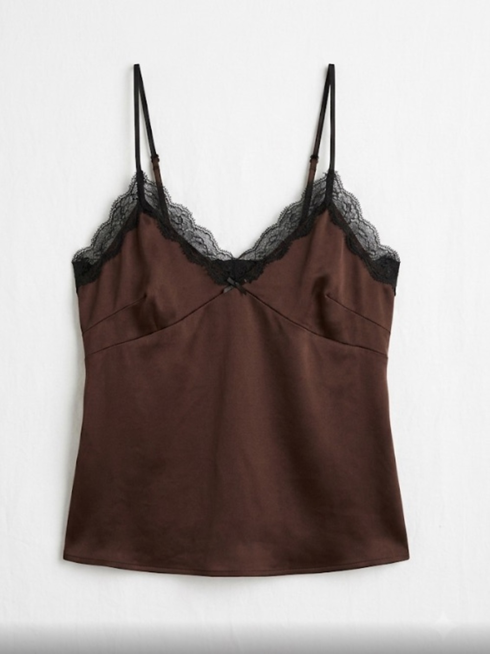 Lace Trim Silk Cami - Deep Brown with Black Lace